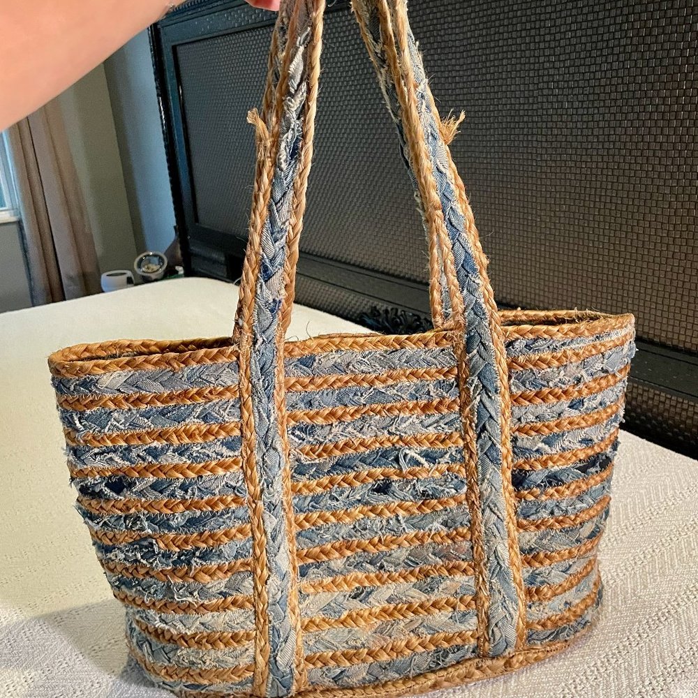 America & Beyond Jute & recycled denim woven tote bag